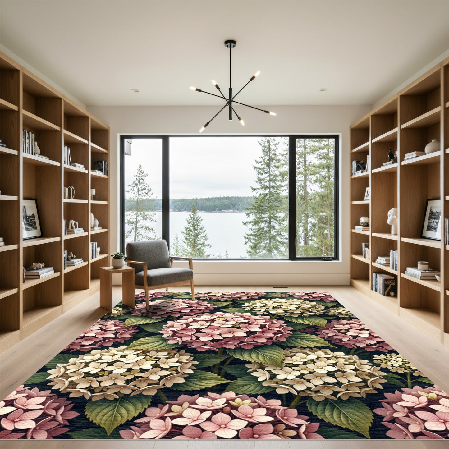 Soft Pink Hydrangea Floral Botanical Rug