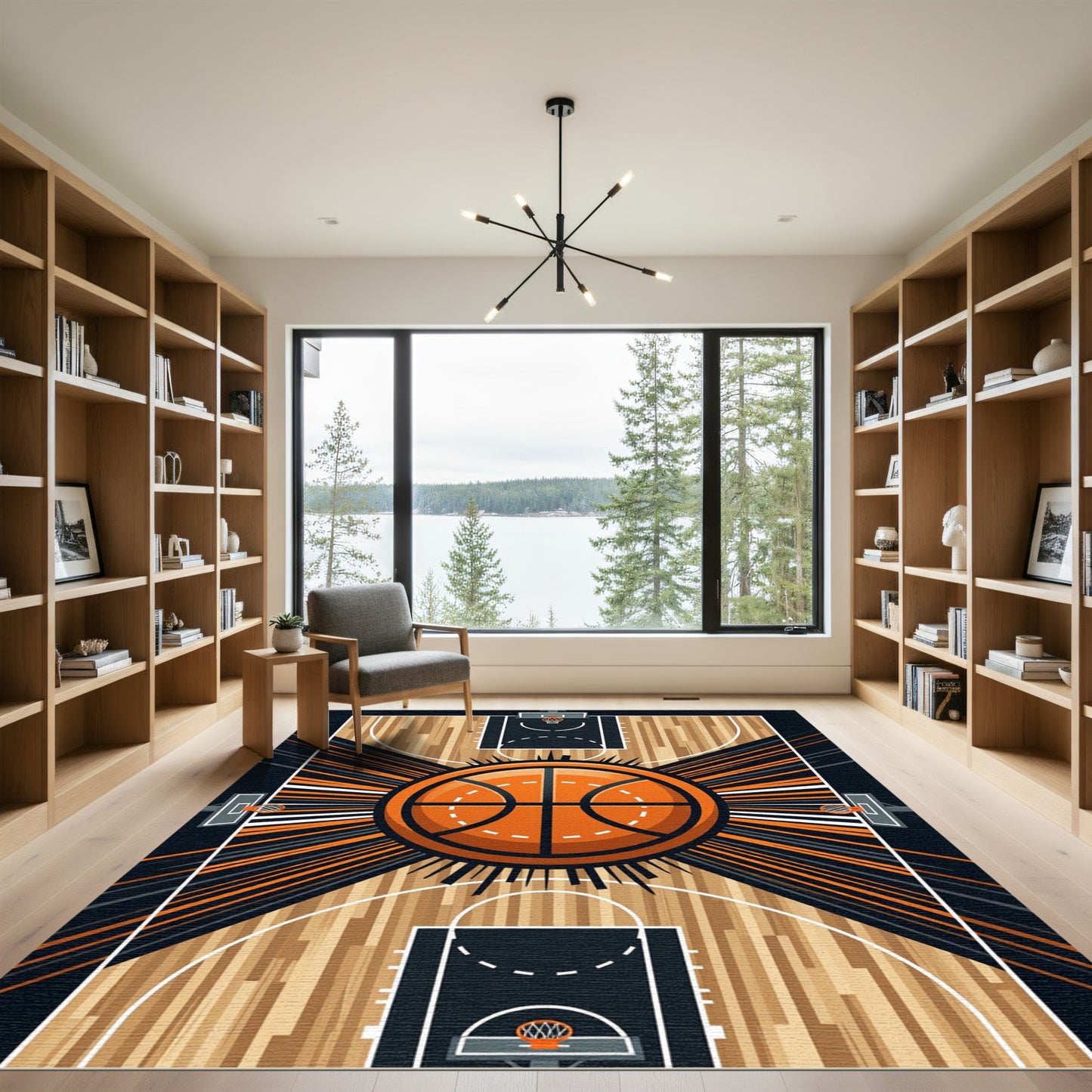 Dynamic Orange Black Basketball Court Art Rug