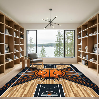 Dynamic Orange Black Basketball Court Art Rug