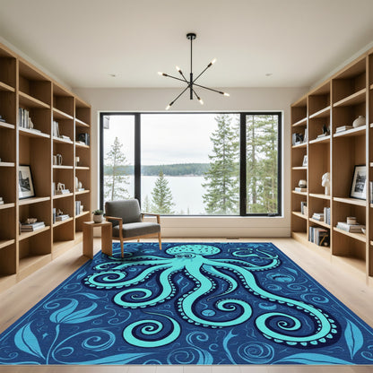 Teal Octopus Swirl Floral Rug