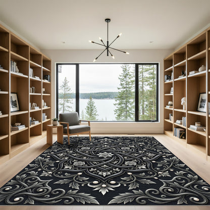 Monochromatic Floral Scroll Mandala Rug