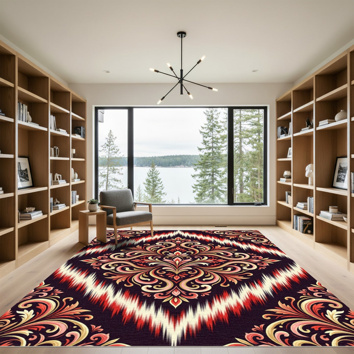 Crimson Scrollwork Ikat Harmony Rug