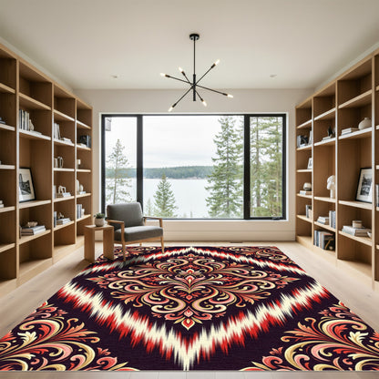 Crimson Scrollwork Ikat Harmony Rug