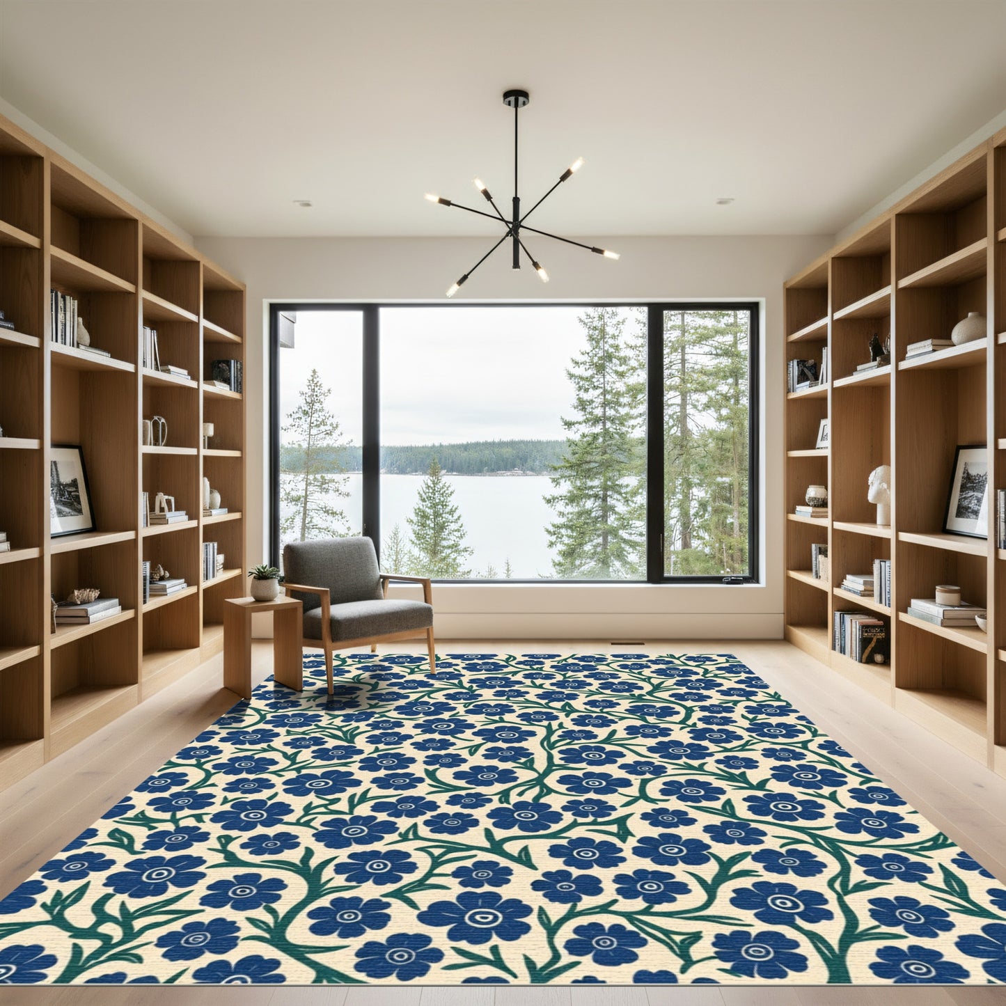 Navy Blue Floral Vine Garden Rug