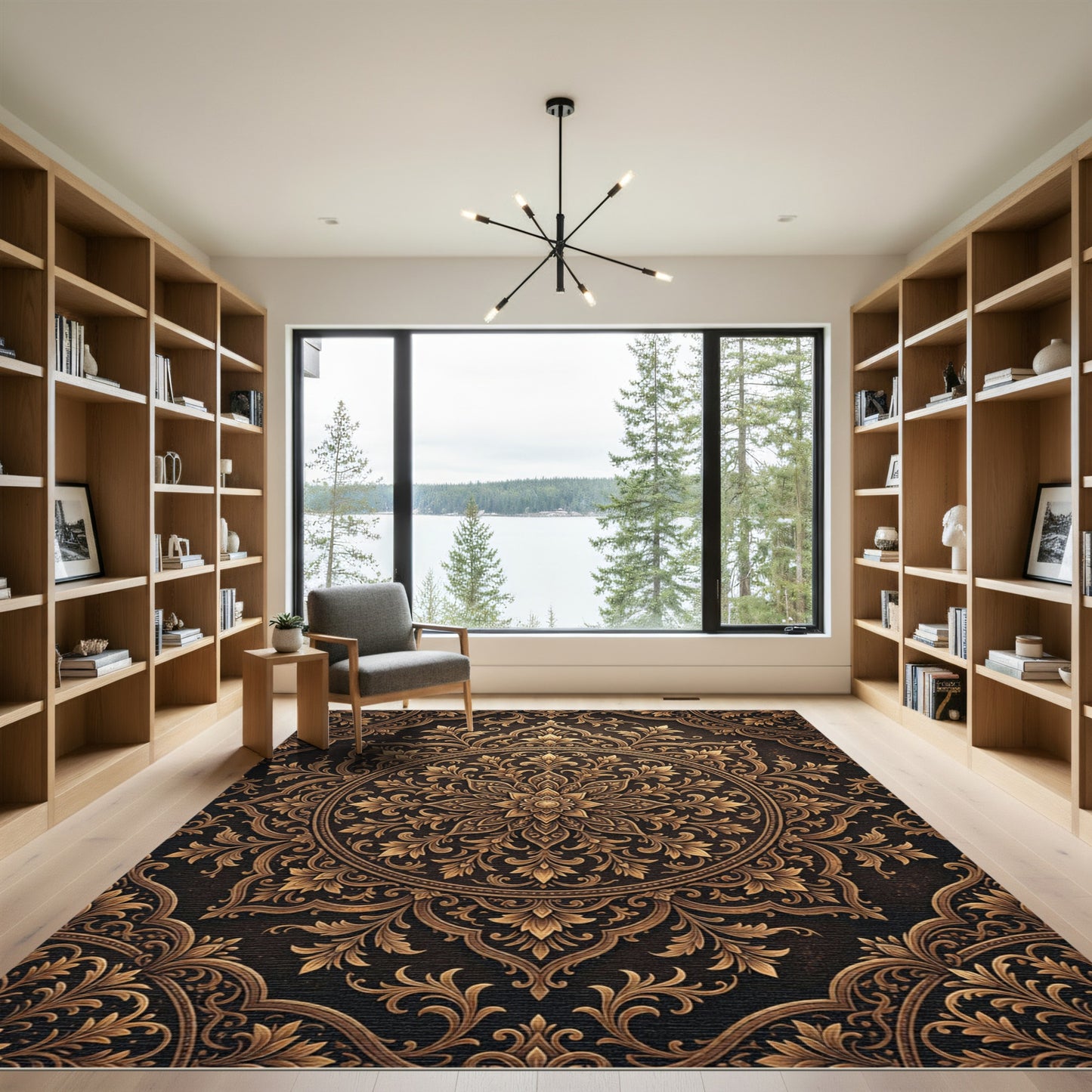 Ornate Golden Floral Mandala Scroll Rug