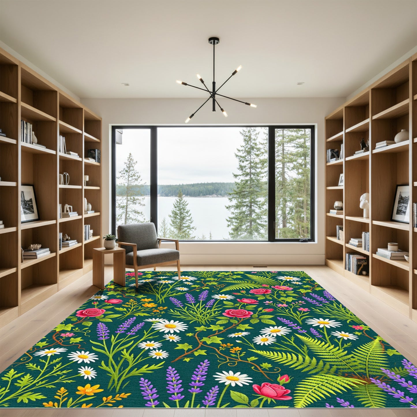 Deep Teal Floral Garden Rose Daisy Rug