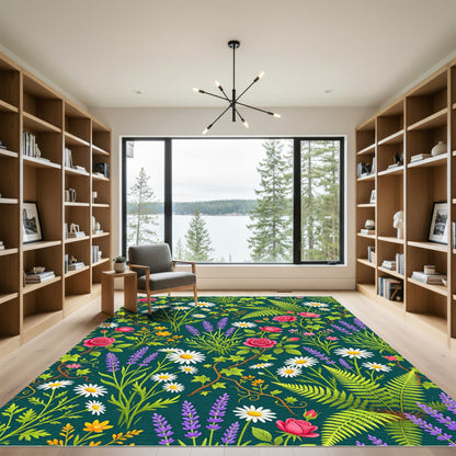Deep Teal Floral Garden Rose Daisy Rug