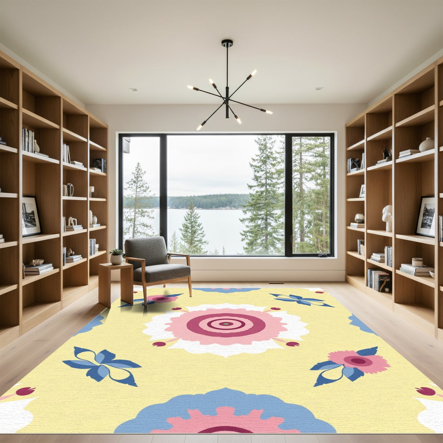 Pink Blue Floral Medallion Yellow Surface Rug