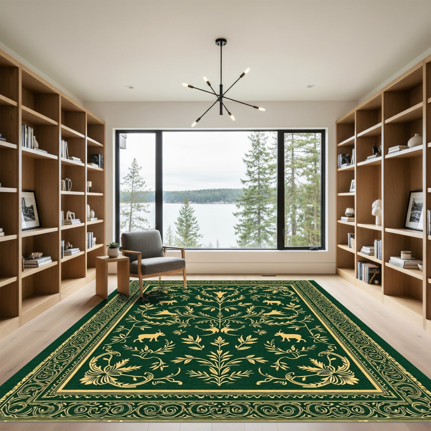 Golden Animals Green Floral Scroll Rug