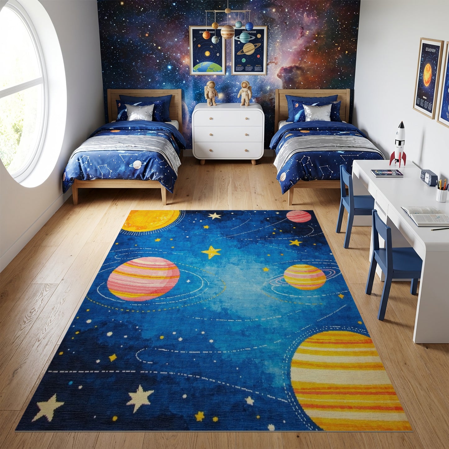 Whimsical Cosmic Striped Planets Stars Rug