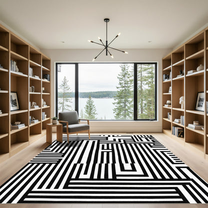 Abstract Black White Geometric Maze Rug