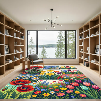 Vibrant Red Poppy Daisy Tulip Collection Rug
