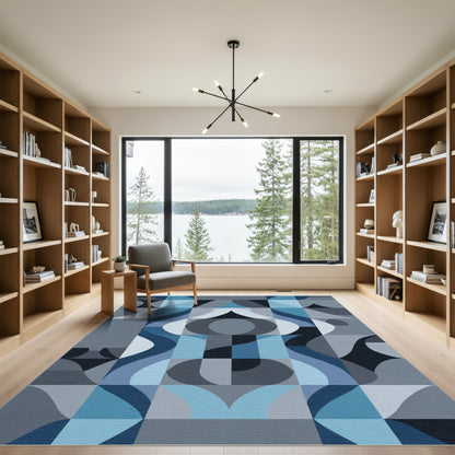 Geometric Blue Scale Abstract Grid Rug
