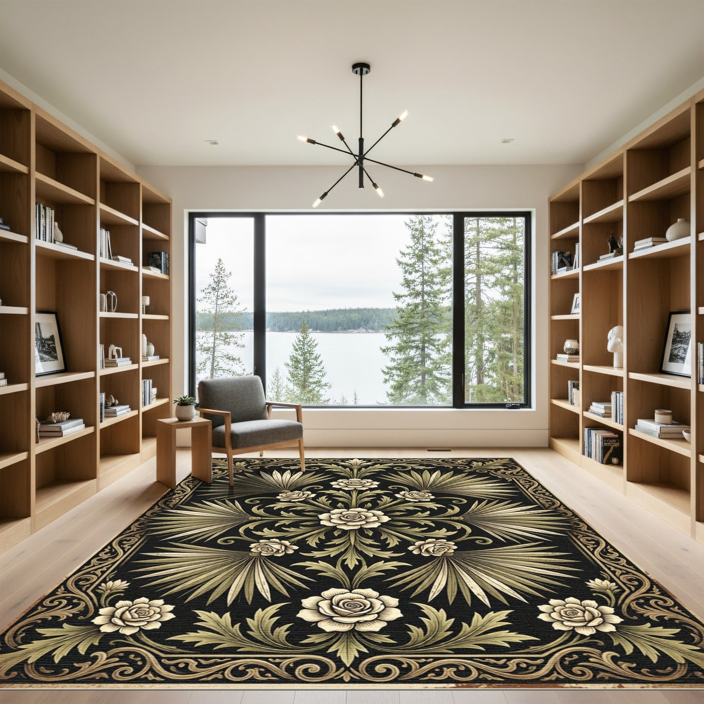 Elegant Black and Gold Palm Floral Rug