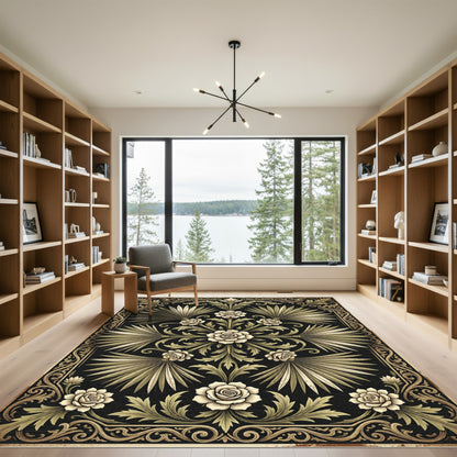 Elegant Black and Gold Palm Floral Rug