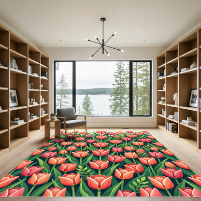 Coral Red Tulip Garden Bloom Rug