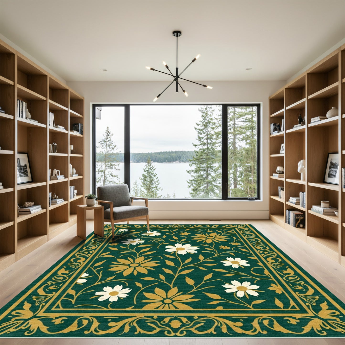 Emerald Golden Floral Vine Border Rug