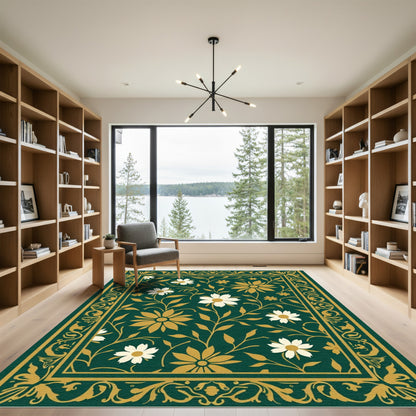 Emerald Golden Floral Vine Border Rug