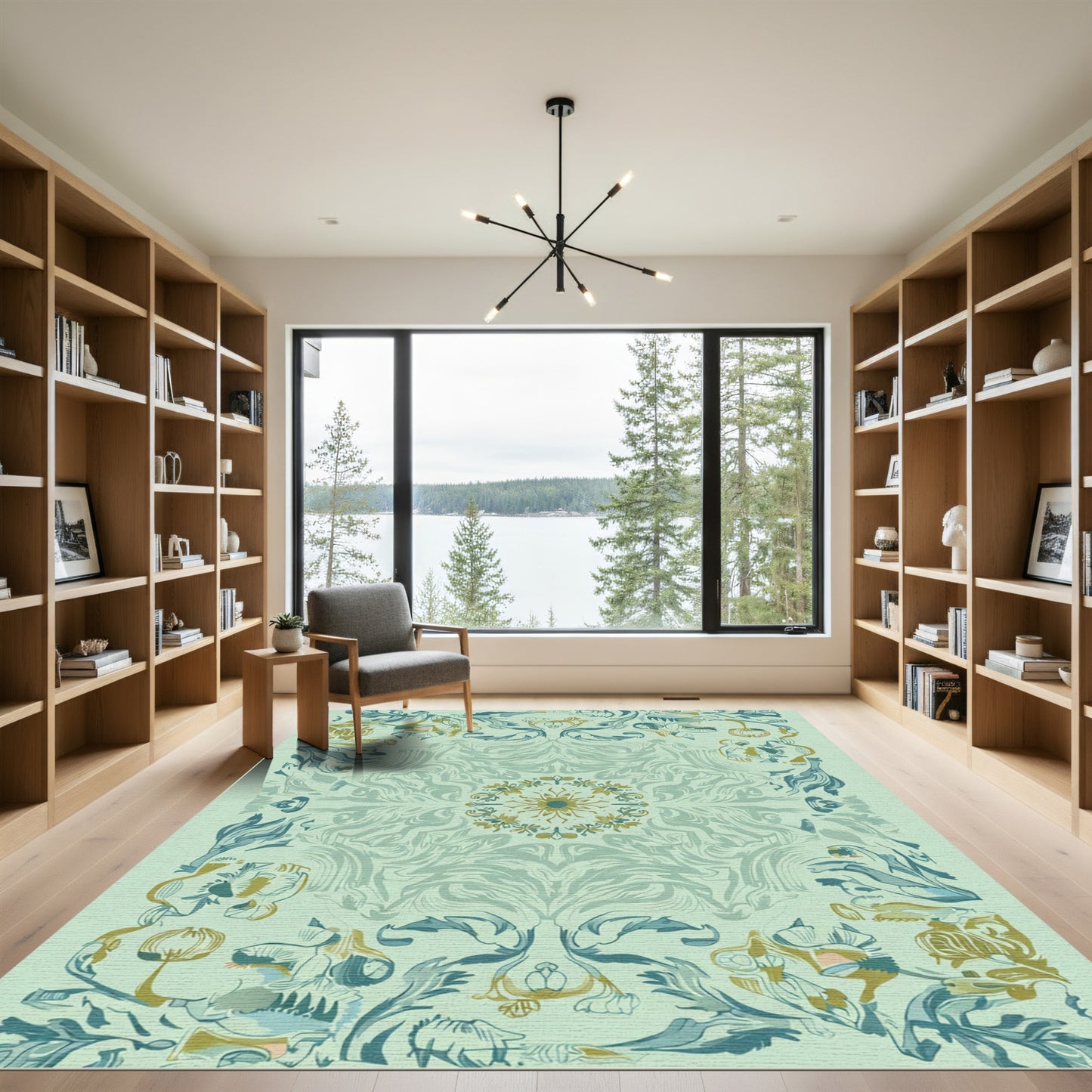 Muted Teal Golden Floral Scroll Rug