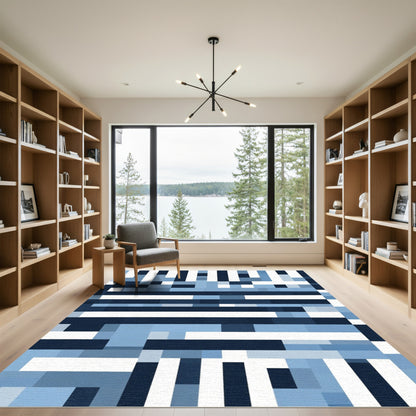 Abstract Blue Pixelated Stripes Rug