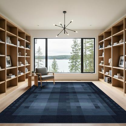 Deep Blue Pixelated Geometric Rectangles Rug