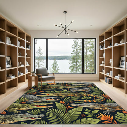 Lush Tropical Alligator Jungle Foliage Rug