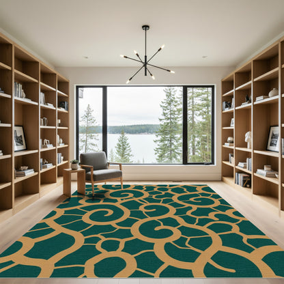 Teal Brown Swirly Abstract Floral Rug