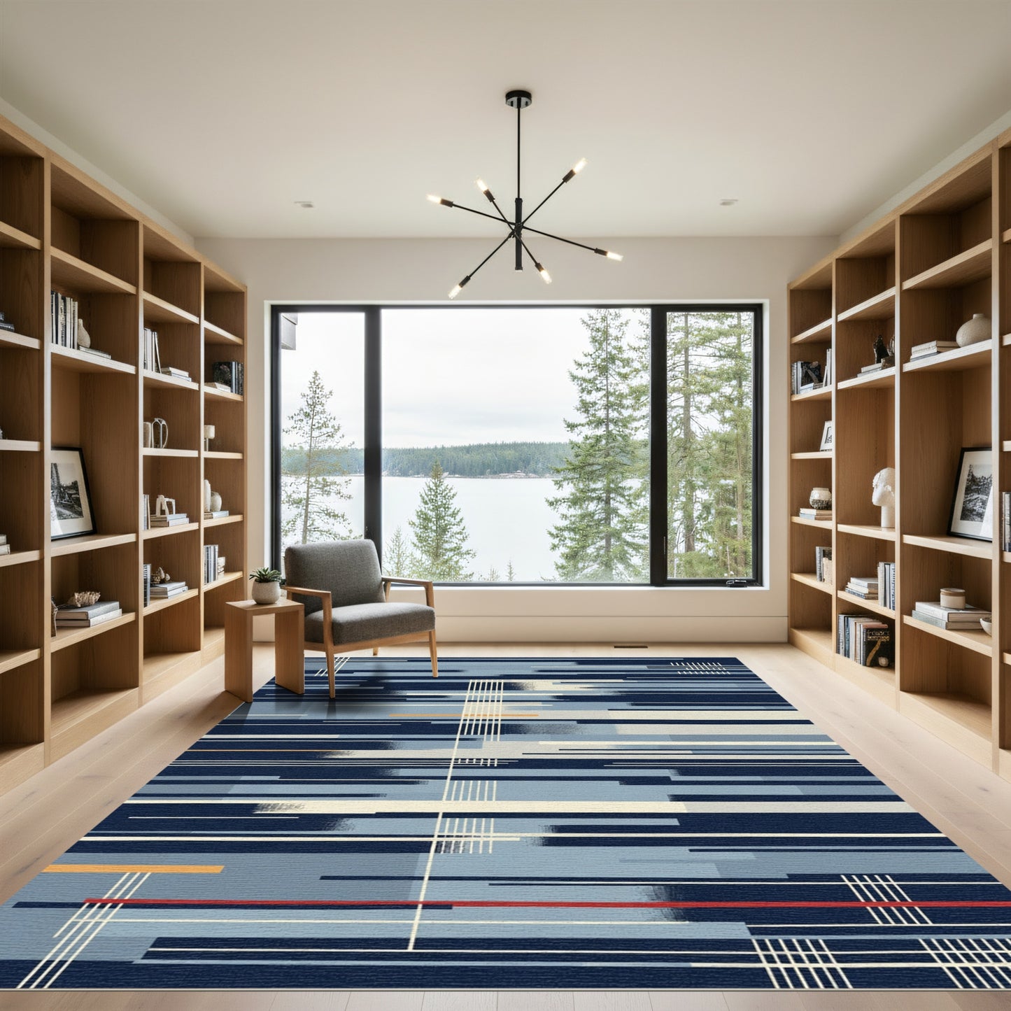 Modern Blue Horizontal Stripe Grid Rug