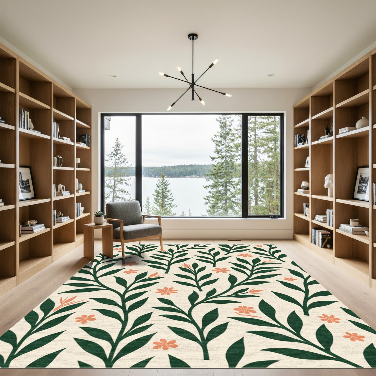 Dark Green Leaf Coral Flower Meadow Rug