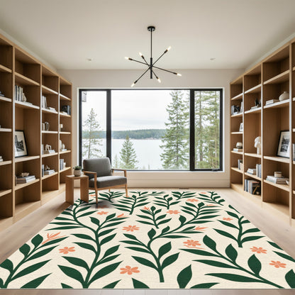 Dark Green Leaf Coral Flower Meadow Rug