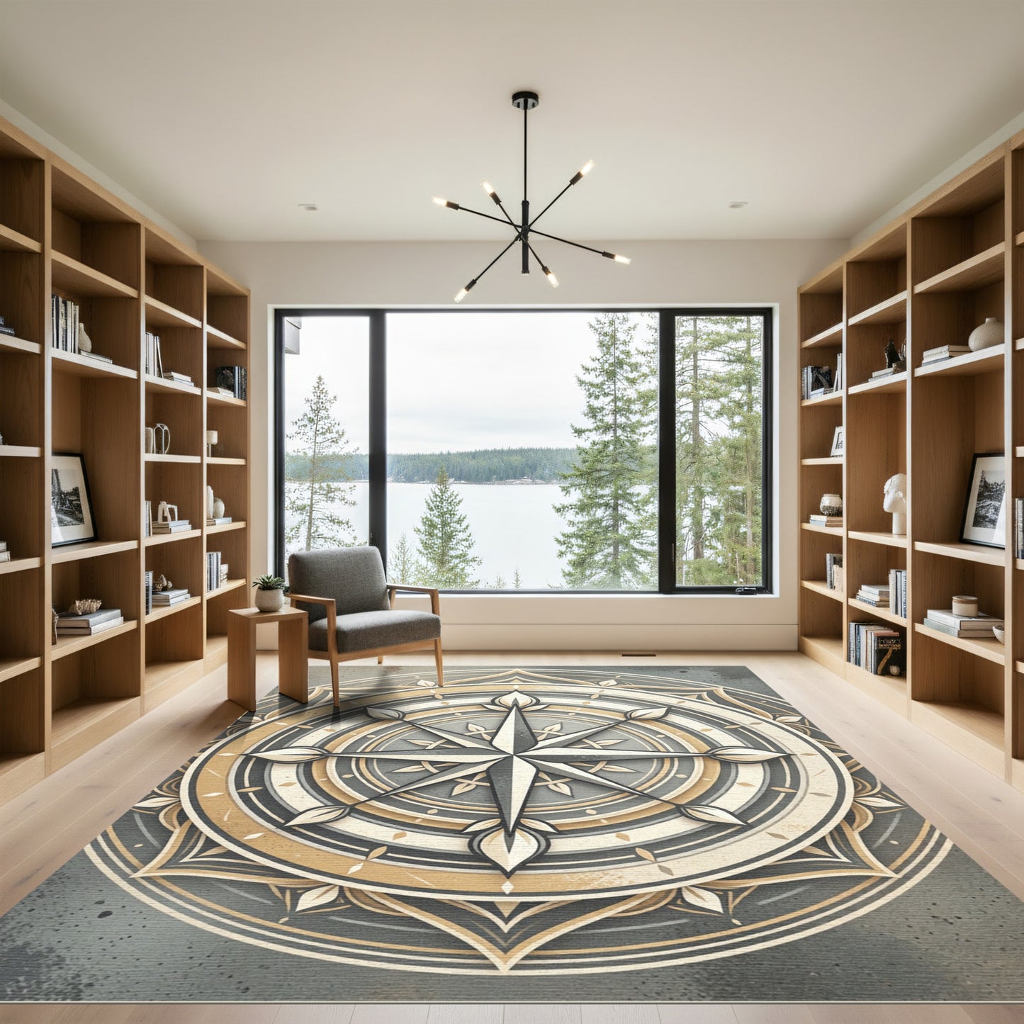 Elegant Gold Compass Mandala Circle Rug