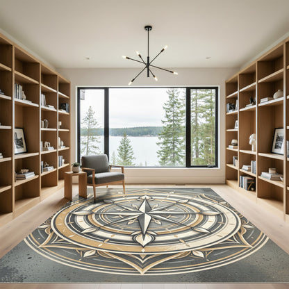 Elegant Gold Compass Mandala Circle Rug