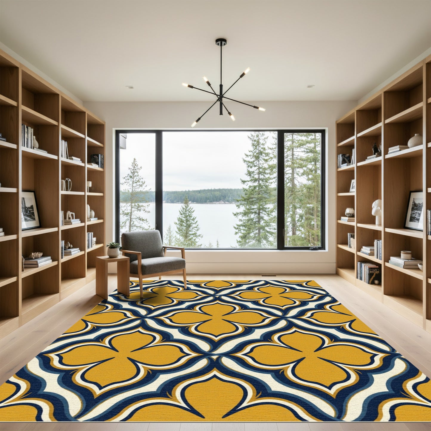 Midcentury Mustard Navy Geometric Quatrefoil Rug