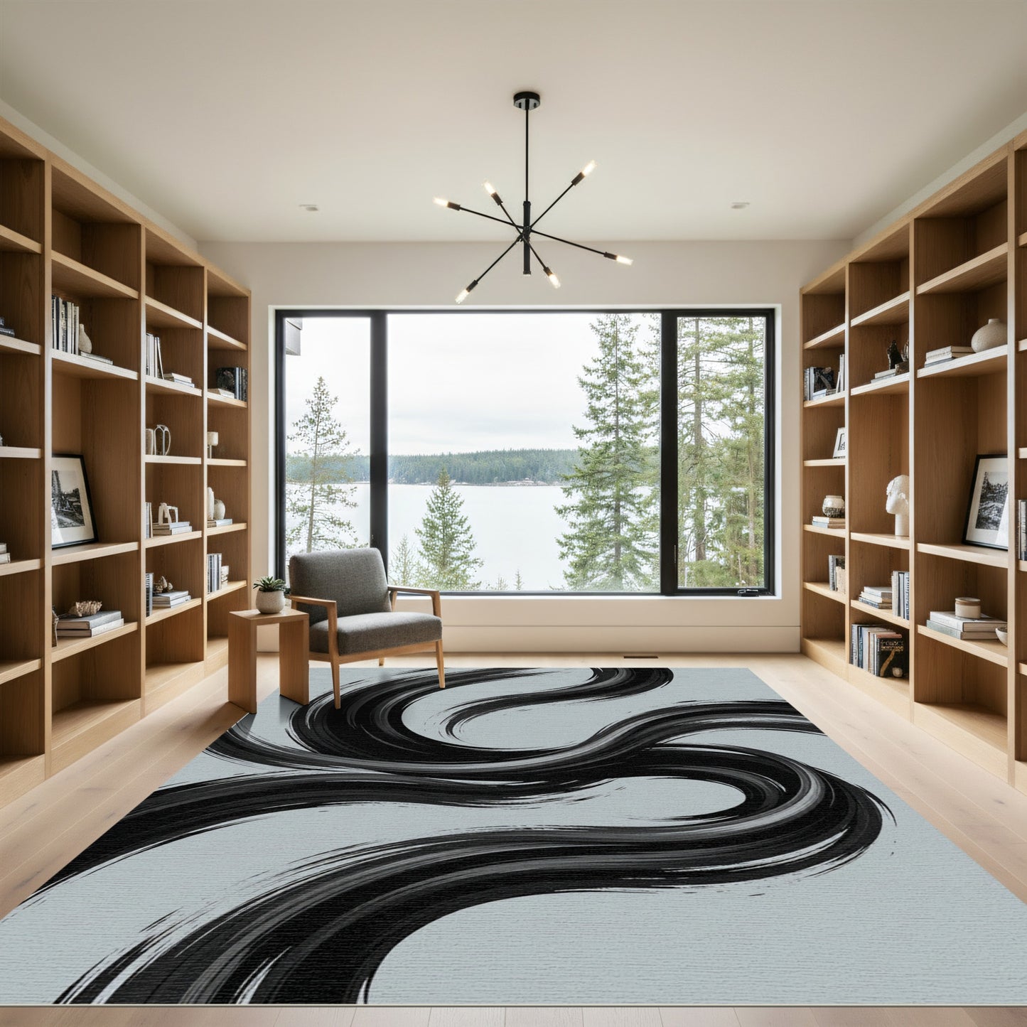 Minimalist Black Abstract Swirl Flow Rug