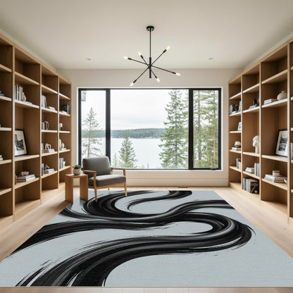 Minimalist Black Abstract Swirl Flow Rug