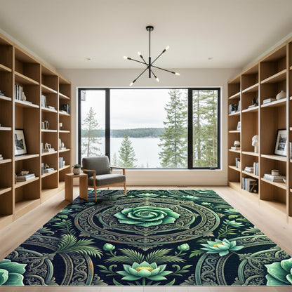 Elegant Emerald Lotus Floral Medallion Rug