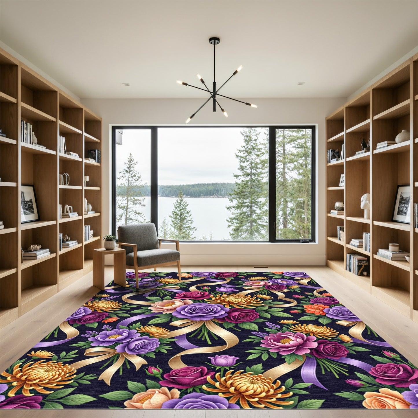 Vibrant Floral Bouquet with Golden Ribbons Rug