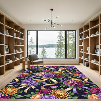Vibrant Floral Bouquet with Golden Ribbons Rug