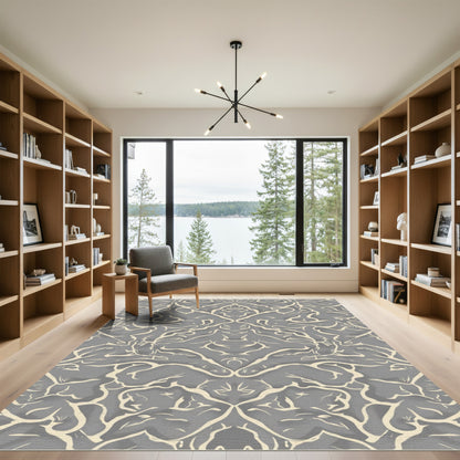 Gray Textured Scrollwork Damask Rug