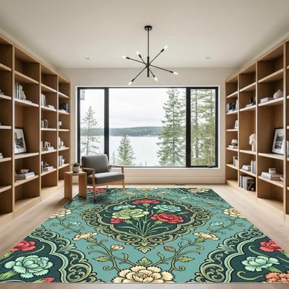 Teal Floral Medallion Garden Accent Rug