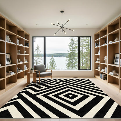 Black Beige Geometric Labyrinth Rug