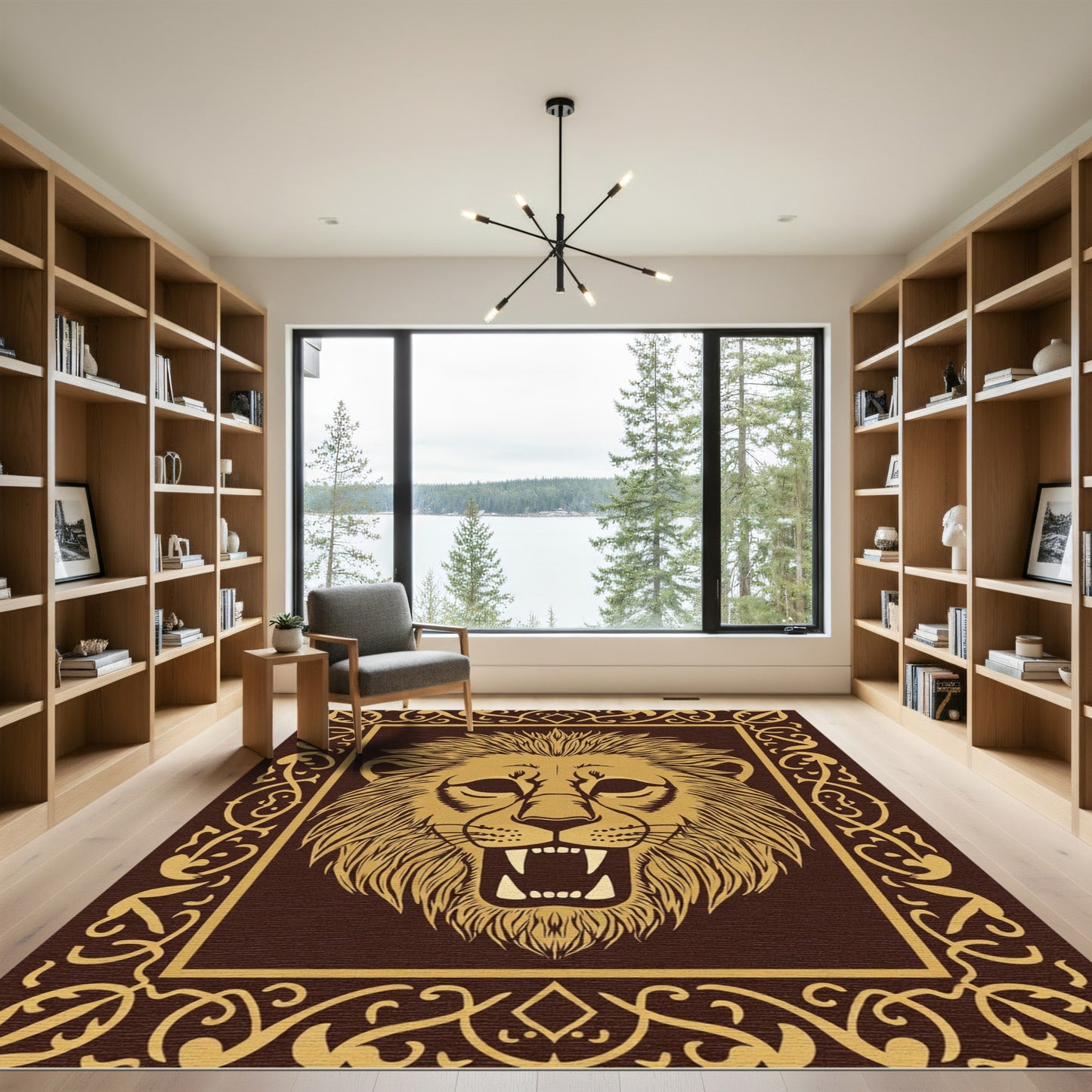 Golden Lion Roaring Emblem Frame Rug