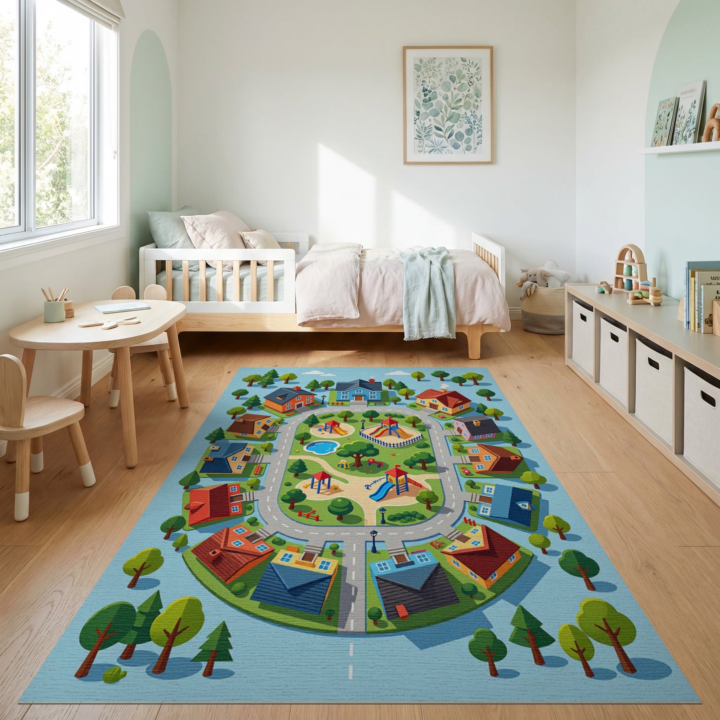 Colorful Whimsical Neighborhood Playground Rug