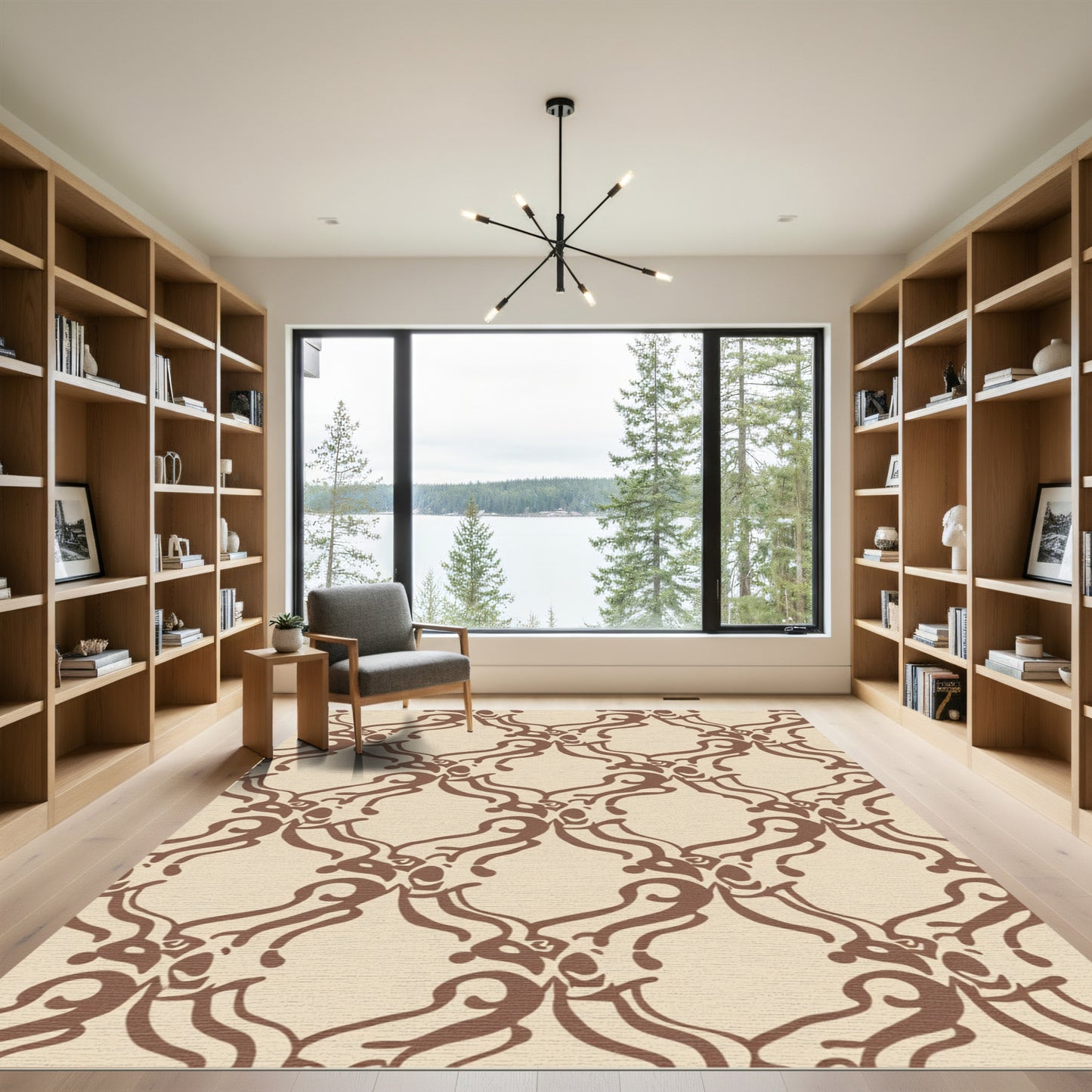 Brown Rococo Scrollwork Lattice Rug