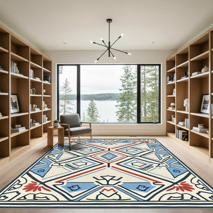 Bold Red Blue Geometric Diamond Rug