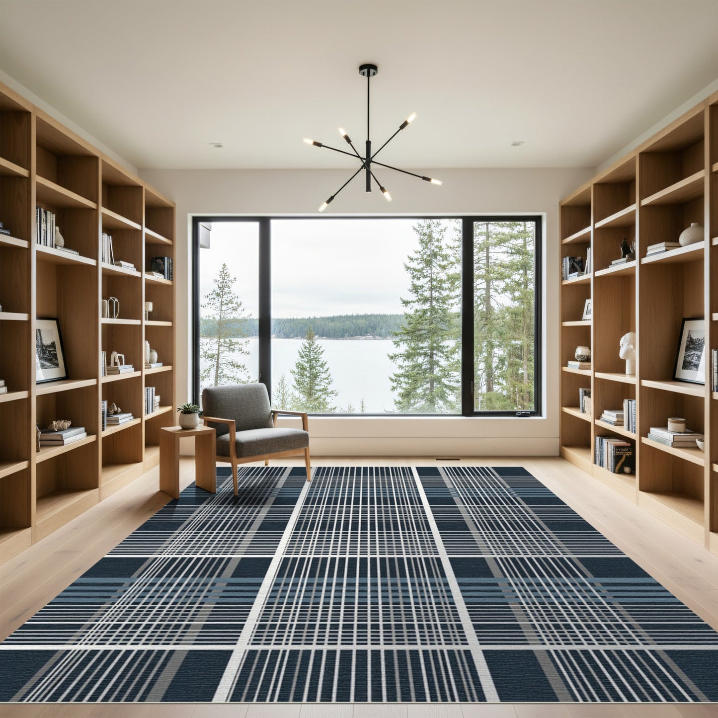 Dark Blue Grid Intersecting Lines Rug