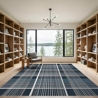 Dark Blue Grid Intersecting Lines Rug