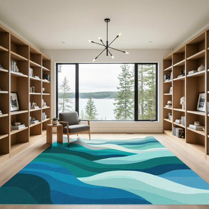 Teal Blue Layered Wavy Landscape Rug