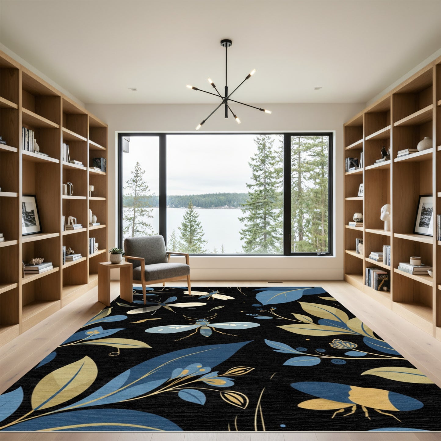 Midnight Forest Insects Blue Gold Rug