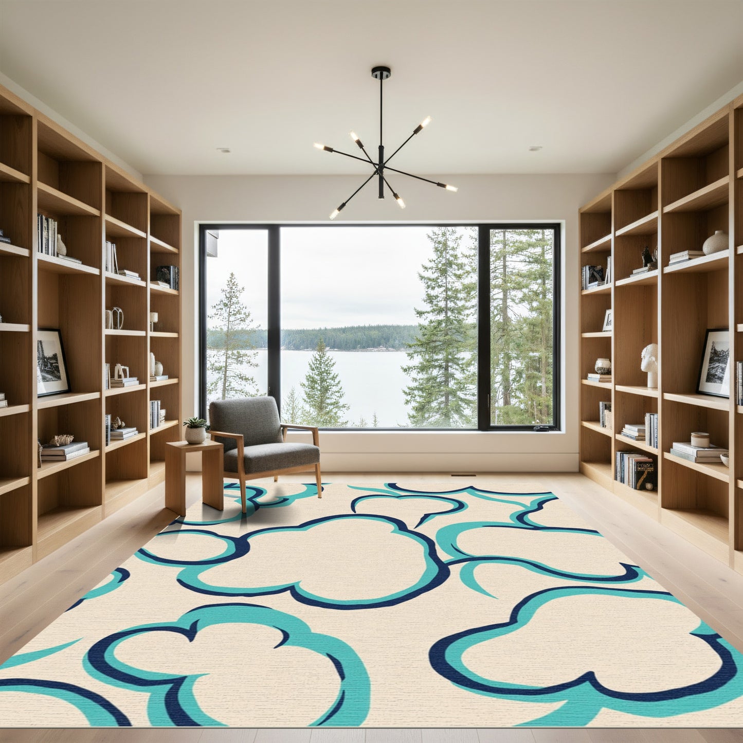 Cream Navy Teal Blob Abstract Rug